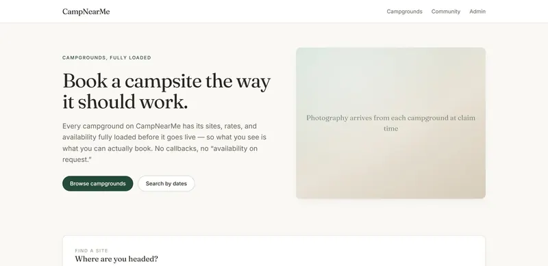 The CampNearMe homepage