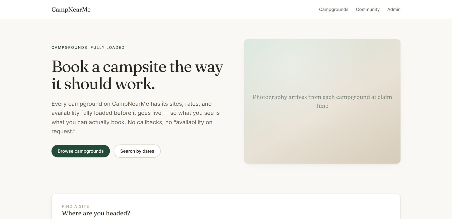 The CampNearMe homepage